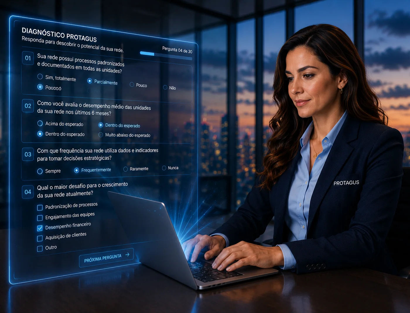 Executiva respondendo o Diagnóstico Expresso da Protagus em um painel holográfico sobre o notebook